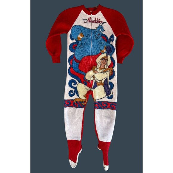 Disney Other - 90s Disney Aladdin Fleece Pajamas Red Sleeper Suit Kids 6-8 Footsie Genie Read*
